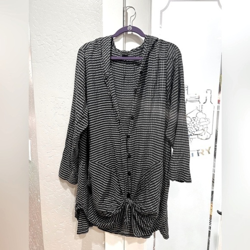 Grizas Silk cotton Black and Gray Striped Button Down Shirt w pockets and hood